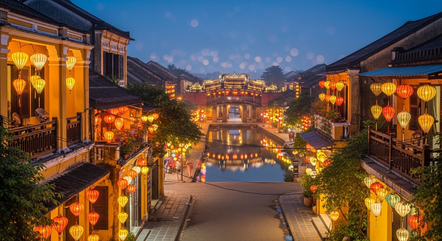 Night view of Hoi An Ancient Town Vietnam, colorful silk lanterns illuminating old streets with Japanese Covered Bridge reflected in river