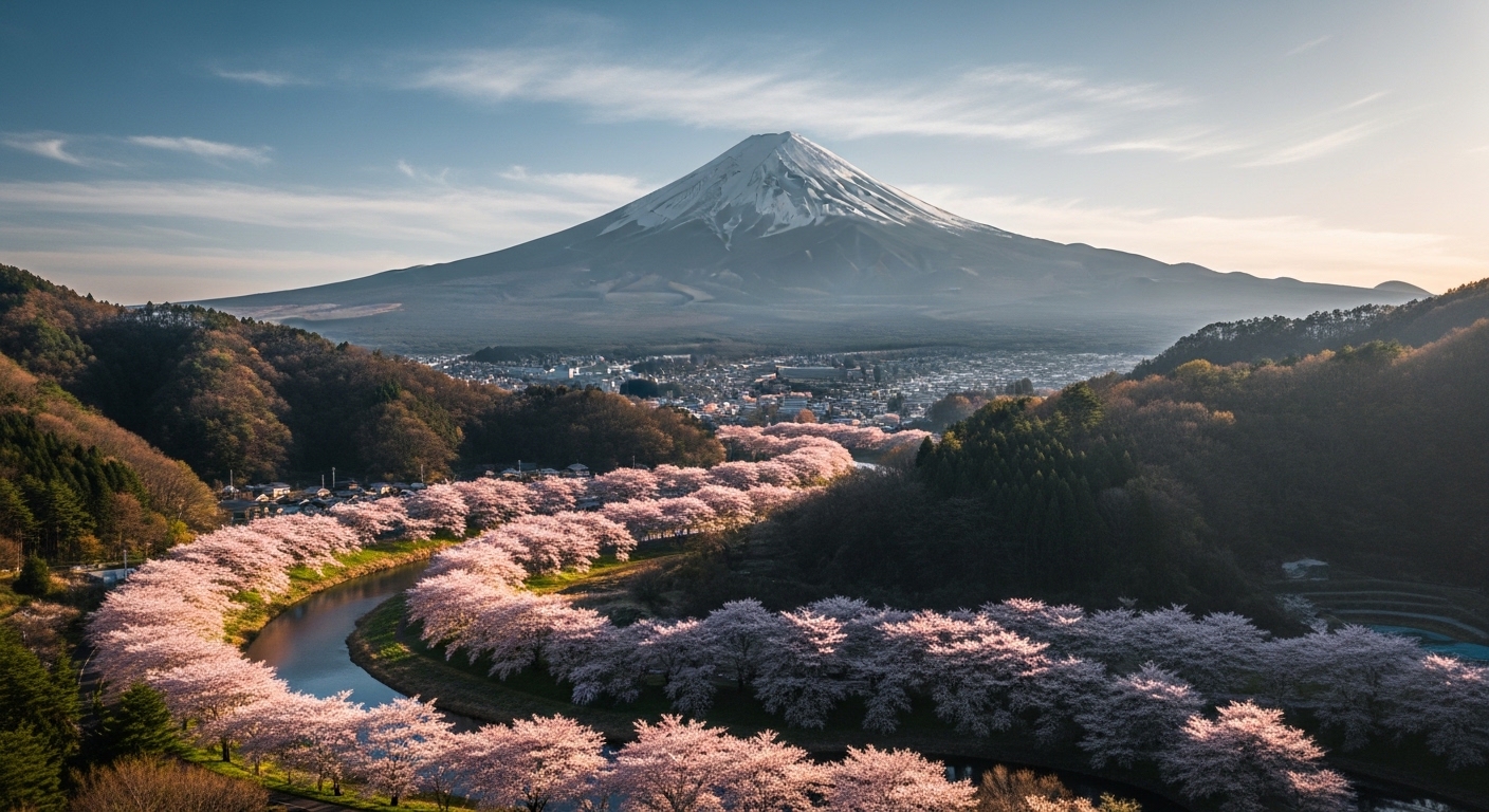 日本樱花盛开的富士山