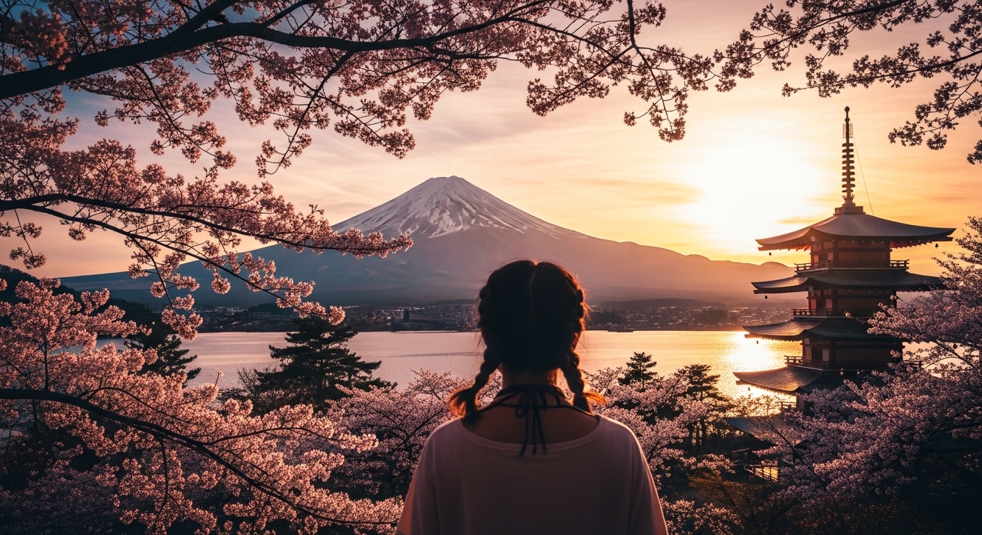 Mount Fuji with cherry blossoms at sunset