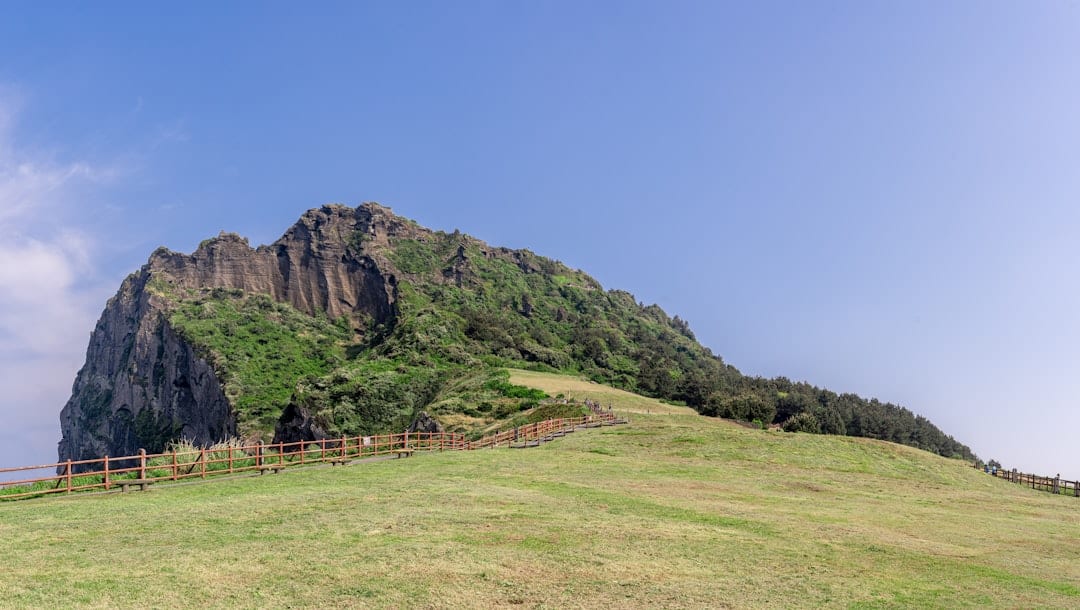 Grassy hill leading to a rocky, green mountain peak